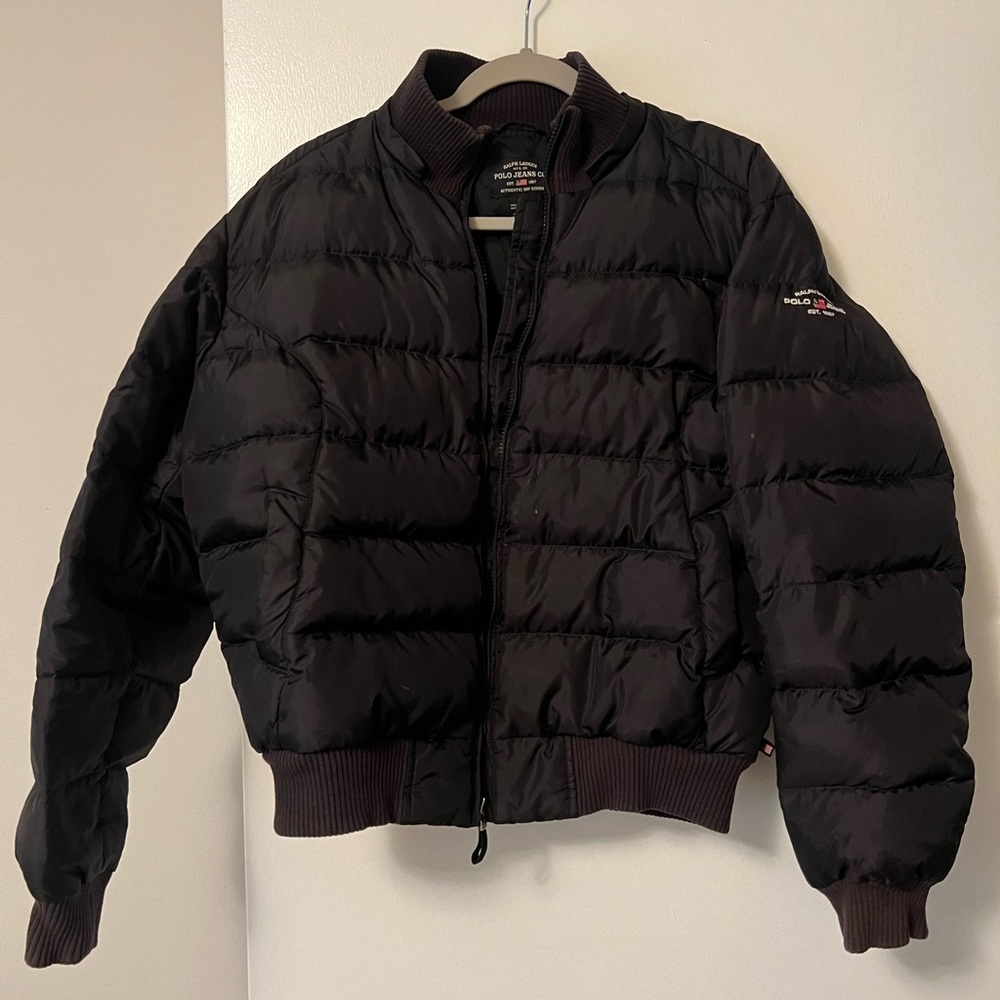 Ralph Lauren Black Puffer Jacket with Ribbed Bomber Style